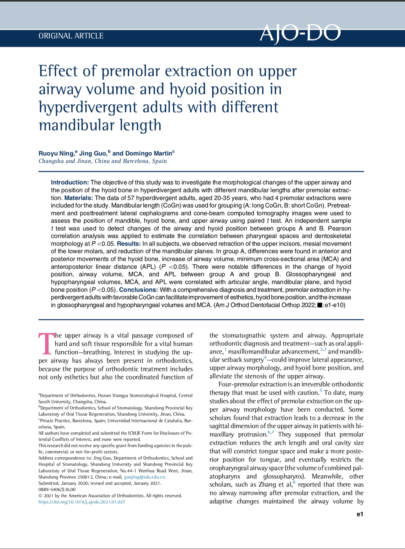 Effect of premolar extraction on upper airway volume and hyoid position in hyperdivergent adults with different mandibular length